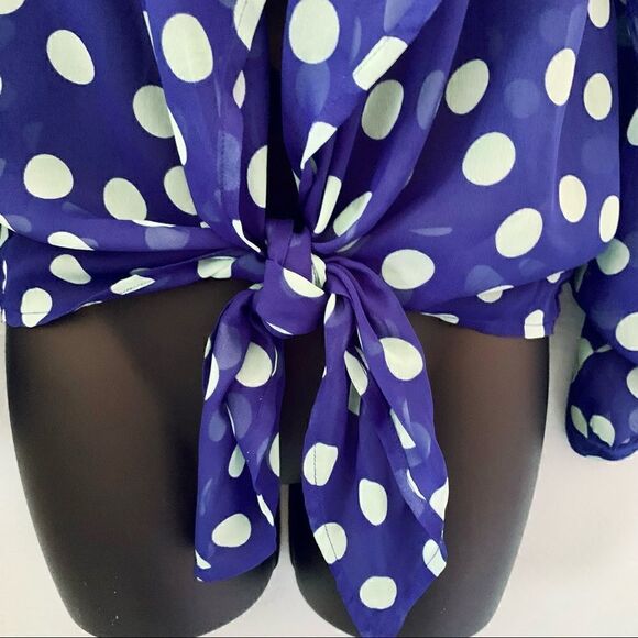 Express Semi Sheer Blue & Mint Green Polka Dot Tie Blouse Size Small/Medium - Picture 4 of 13